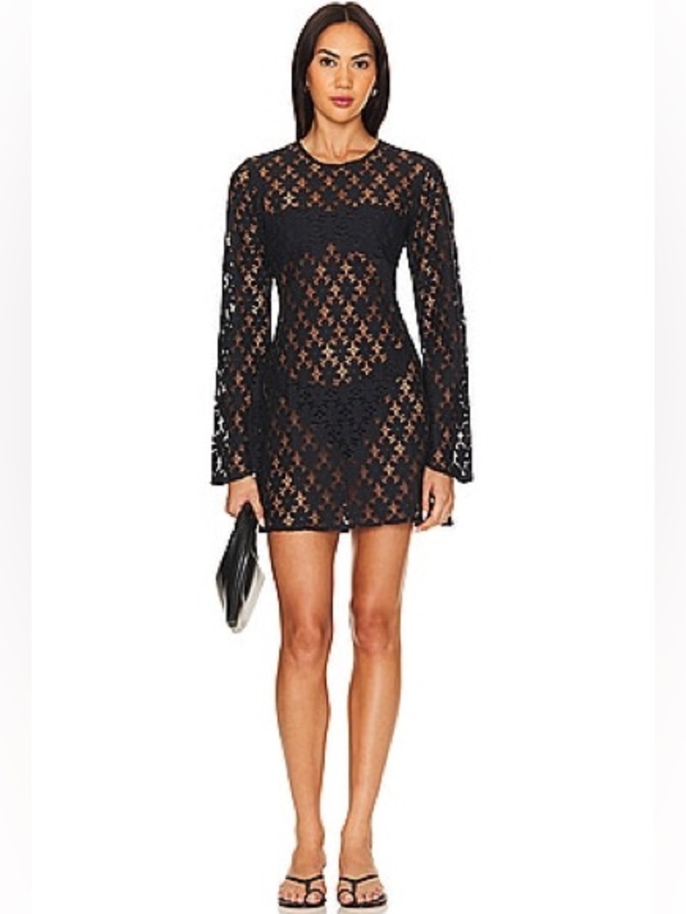 NEW Beach Riot Goldie Black Floral Lace Bell Sleeve Mini Dress sheer Size Small
